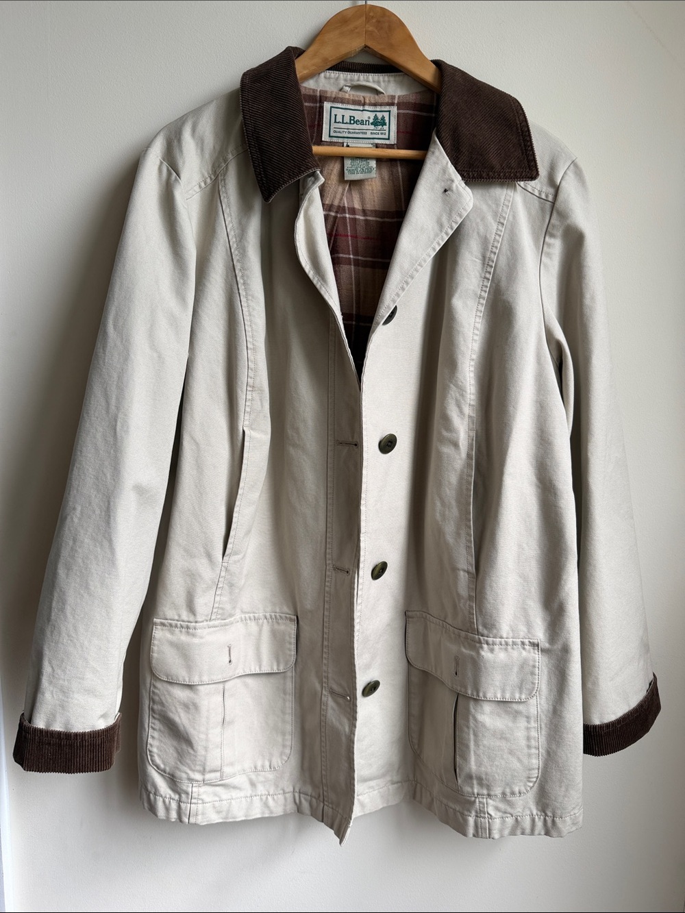 LL Bean Chore Barn Coat Khaki with Brown Corduroy Mens Large Regular Clean